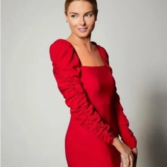 NWT Antonio Melani Francine square neck long ruched sleeve dress in cherry red - Picture 4 of 9